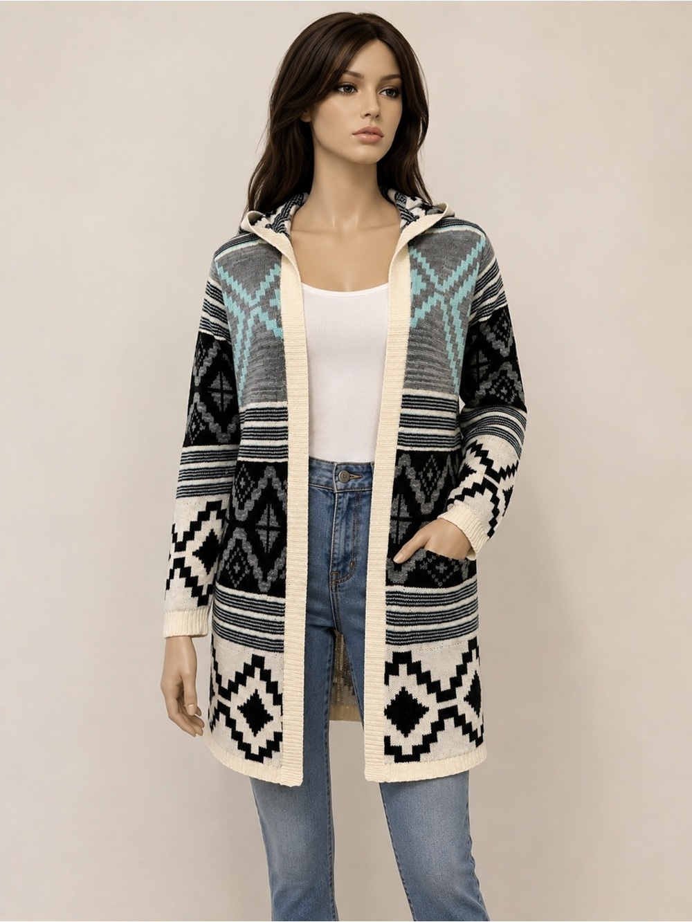 Say What? Cream, Black & Blue Aztec Hooded Cardigan